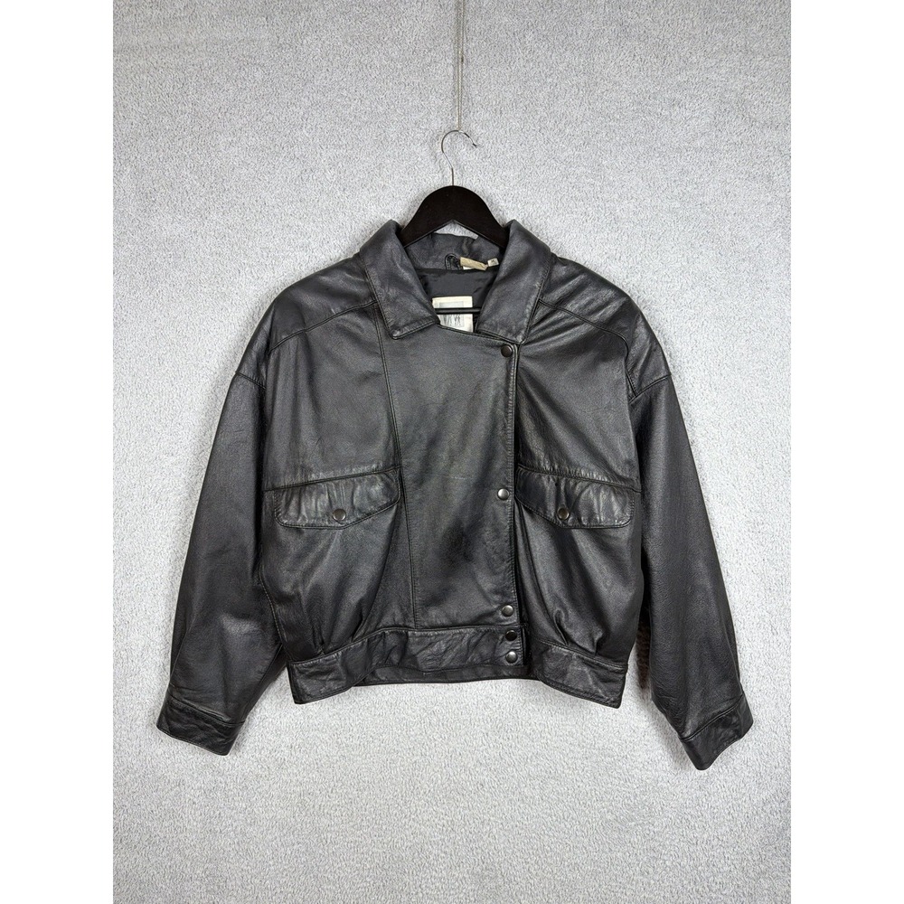 Vintage Together Black Genuine Leather Cropped Jacket Women's Size M Snap Front‎